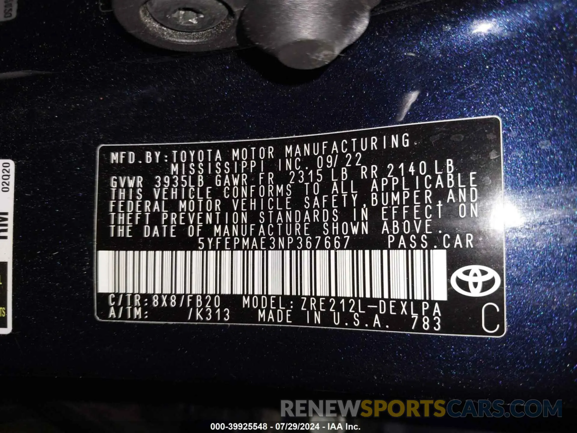 9 Photograph of a damaged car 5YFEPMAE3NP367667 TOYOTA COROLLA 2022