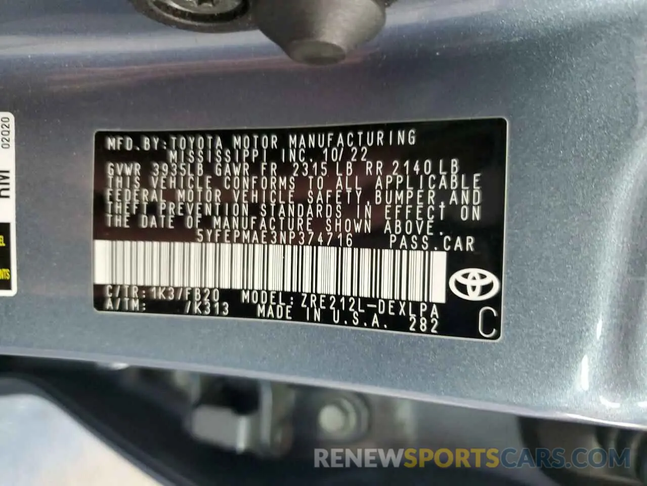12 Photograph of a damaged car 5YFEPMAE3NP374716 TOYOTA COROLLA 2022