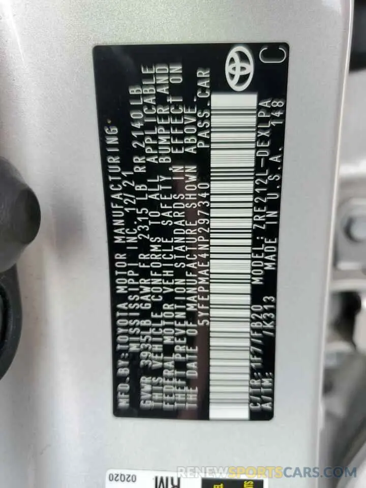 12 Photograph of a damaged car 5YFEPMAE4NP297340 TOYOTA COROLLA 2022