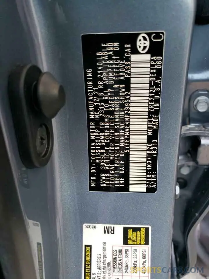 10 Photograph of a damaged car 5YFEPMAE4NP299542 TOYOTA COROLLA 2022