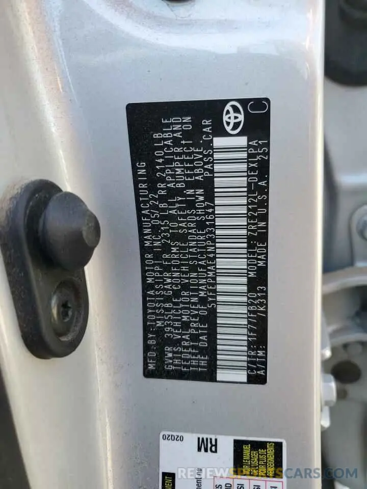 12 Photograph of a damaged car 5YFEPMAE4NP331647 TOYOTA COROLLA 2022