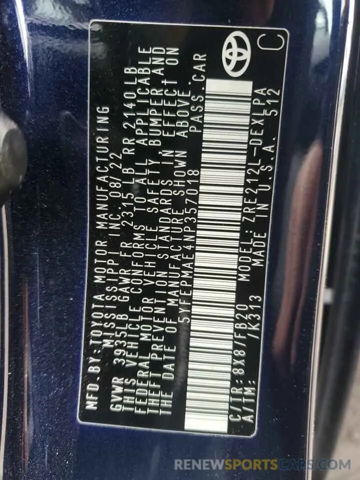 13 Photograph of a damaged car 5YFEPMAE4NP357018 TOYOTA COROLLA 2022