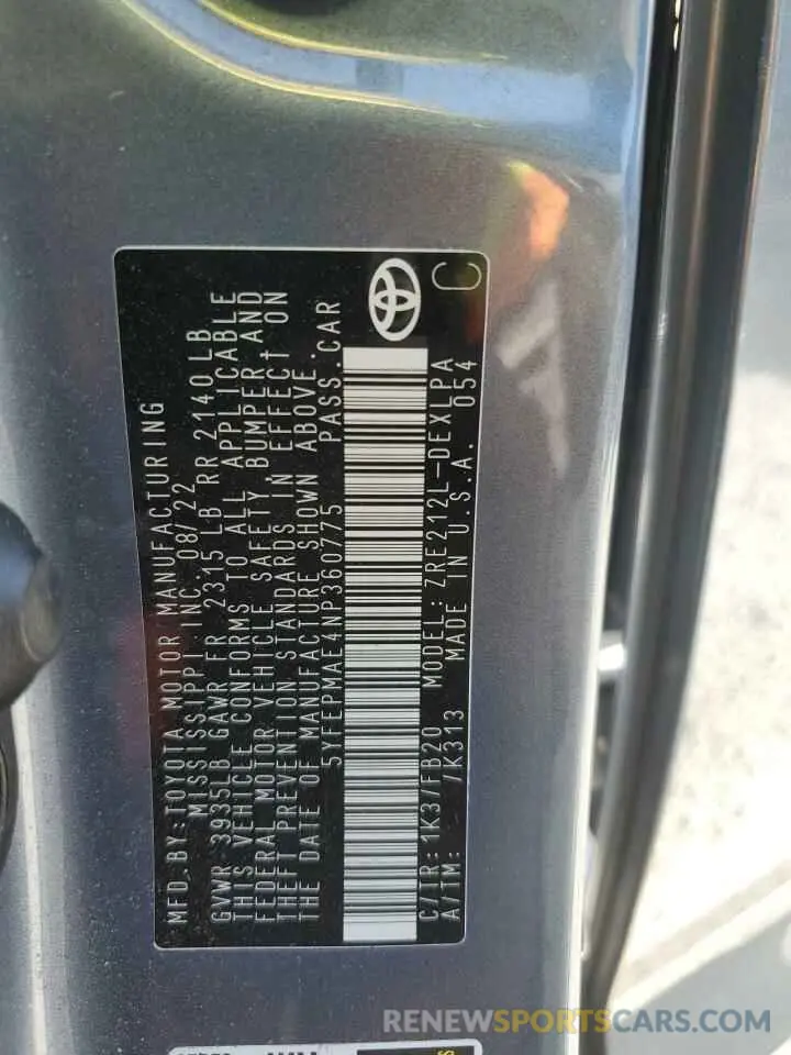 12 Photograph of a damaged car 5YFEPMAE4NP360775 TOYOTA COROLLA 2022