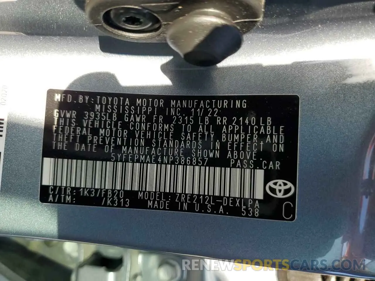 12 Photograph of a damaged car 5YFEPMAE4NP386857 TOYOTA COROLLA 2022