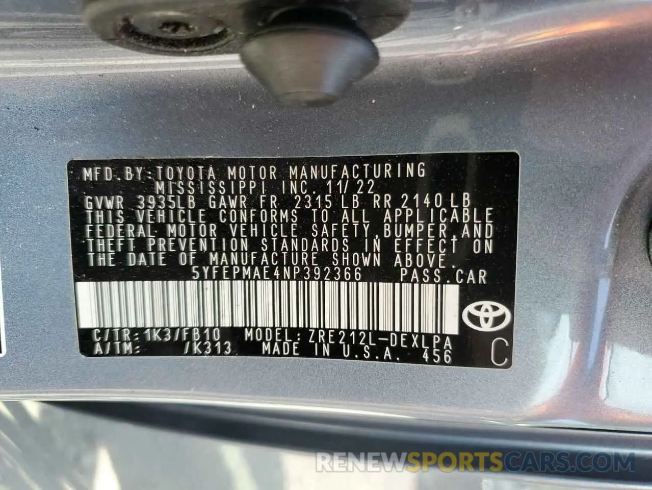 12 Photograph of a damaged car 5YFEPMAE4NP392366 TOYOTA COROLLA 2022