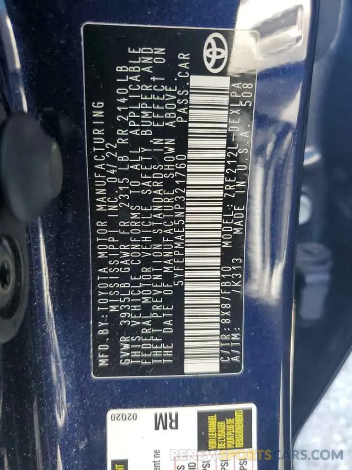 12 Photograph of a damaged car 5YFEPMAE5NP321760 TOYOTA COROLLA 2022