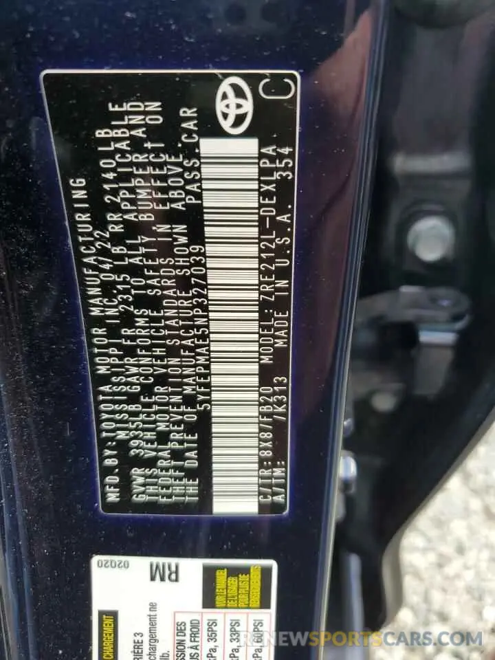 13 Photograph of a damaged car 5YFEPMAE5NP327039 TOYOTA COROLLA 2022