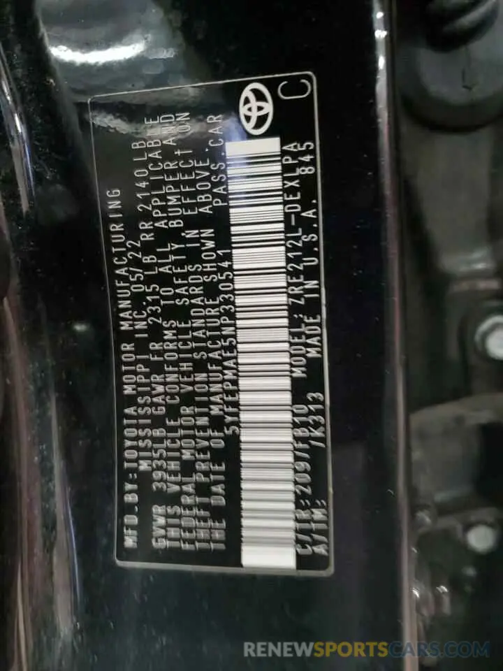 13 Photograph of a damaged car 5YFEPMAE5NP330541 TOYOTA COROLLA 2022