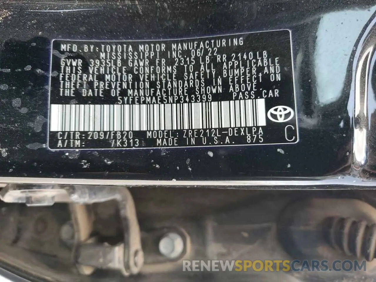 12 Photograph of a damaged car 5YFEPMAE5NP343399 TOYOTA COROLLA 2022