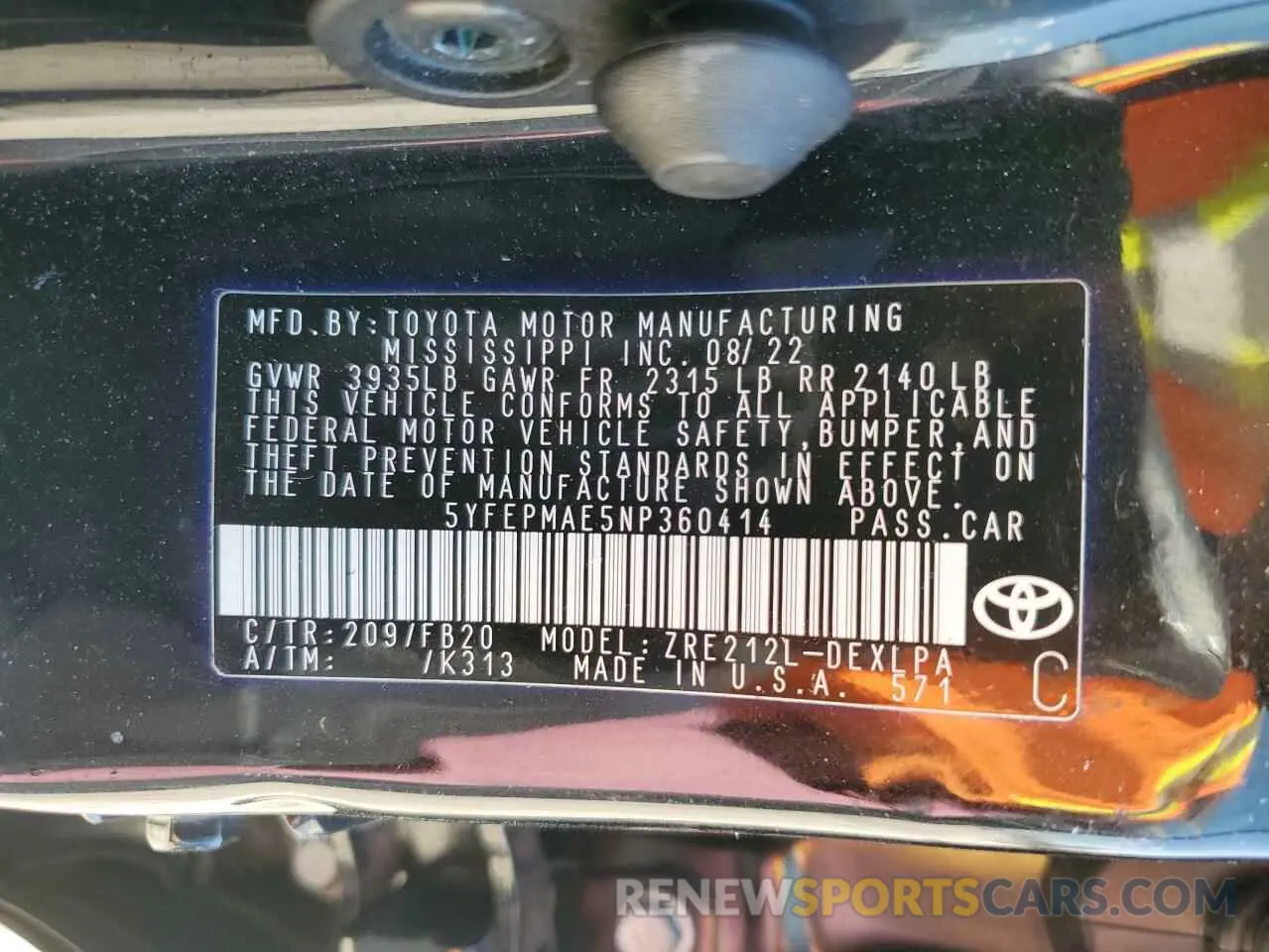 12 Photograph of a damaged car 5YFEPMAE5NP360414 TOYOTA COROLLA 2022