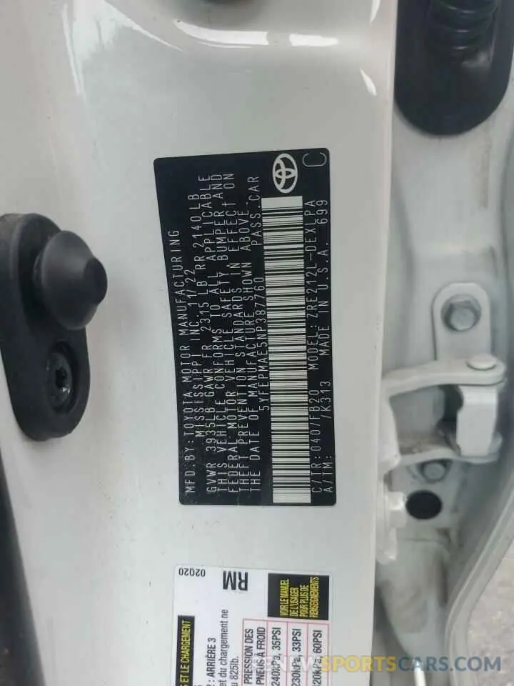 12 Photograph of a damaged car 5YFEPMAE5NP387760 TOYOTA COROLLA 2022