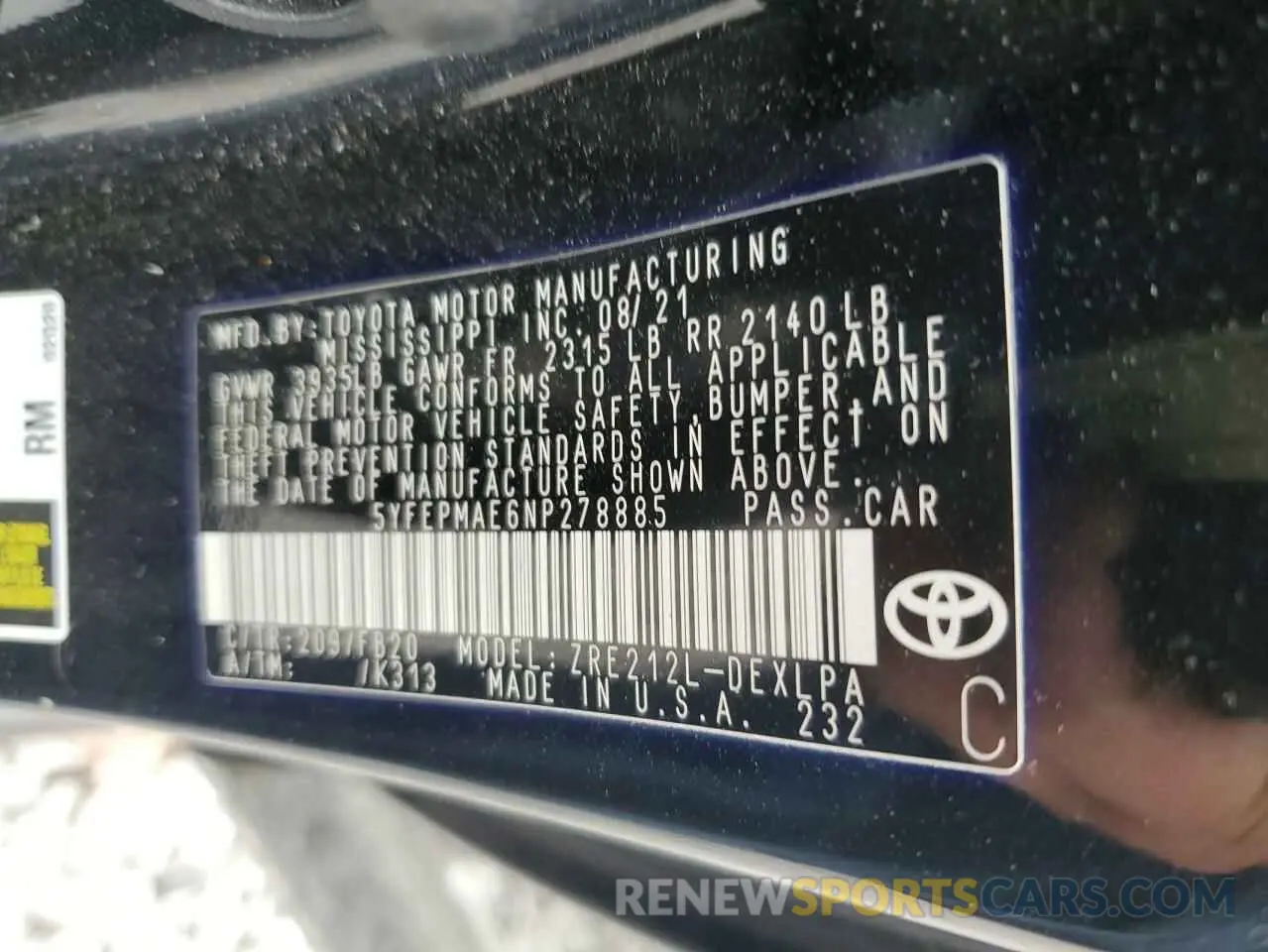 12 Photograph of a damaged car 5YFEPMAE6NP278885 TOYOTA COROLLA 2022