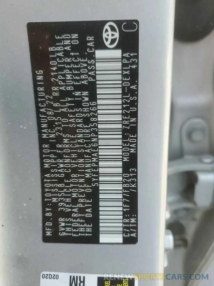 13 Photograph of a damaged car 5YFEPMAE6NP358266 TOYOTA COROLLA 2022