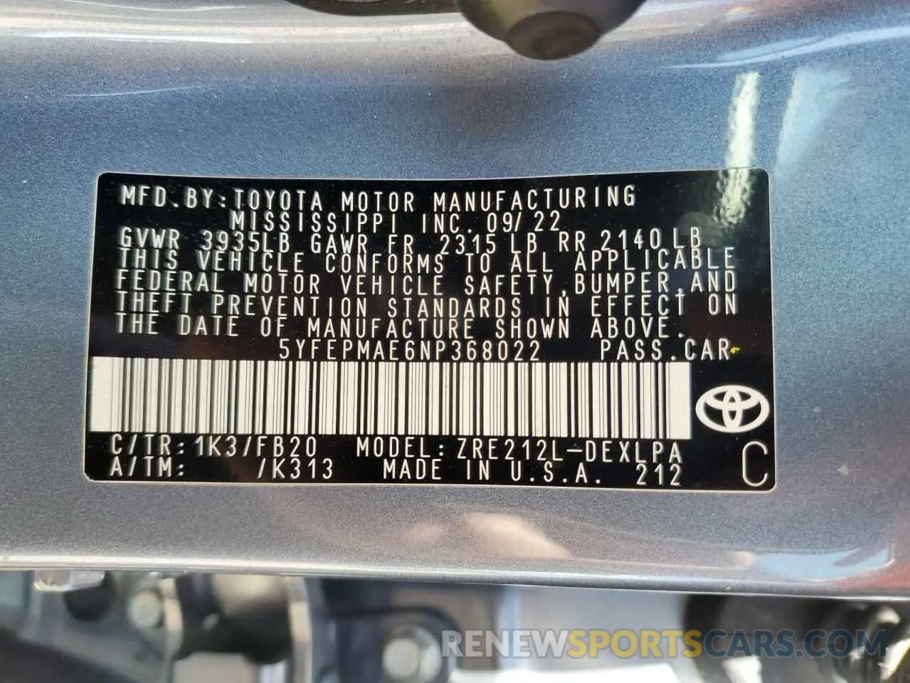 14 Photograph of a damaged car 5YFEPMAE6NP368022 TOYOTA COROLLA 2022