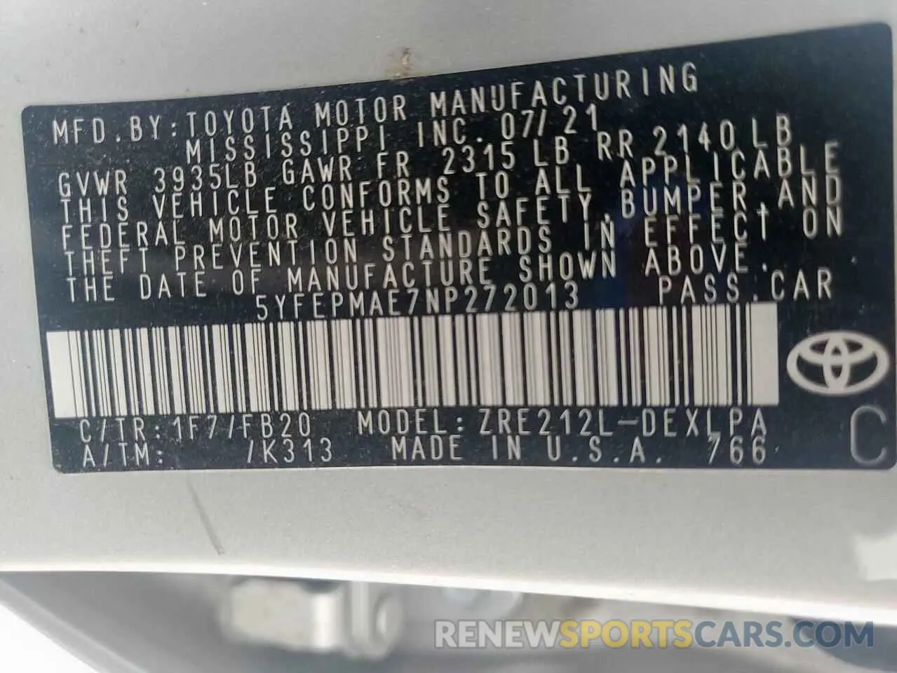 13 Photograph of a damaged car 5YFEPMAE7NP272013 TOYOTA COROLLA 2022