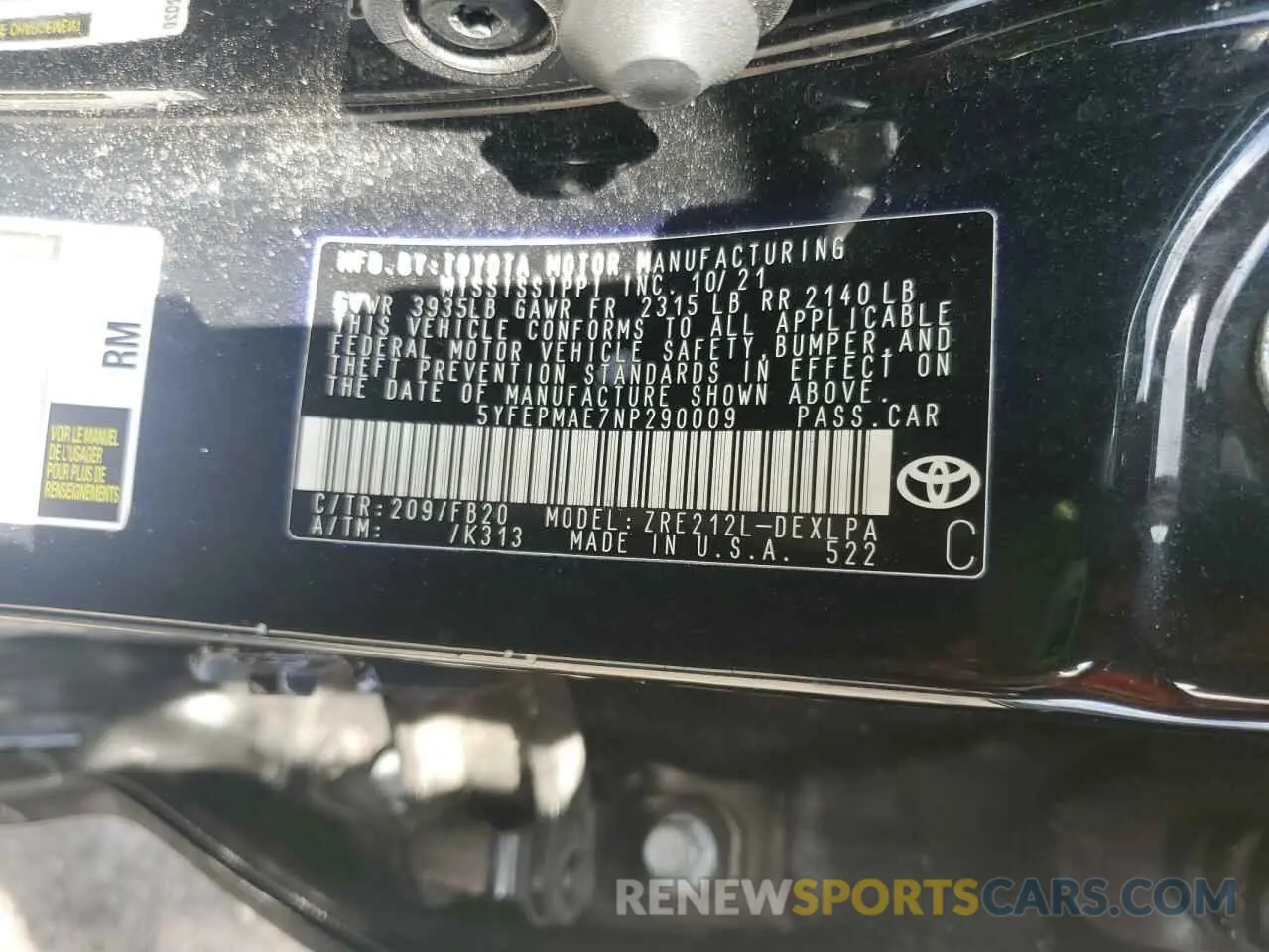 13 Photograph of a damaged car 5YFEPMAE7NP290009 TOYOTA COROLLA 2022