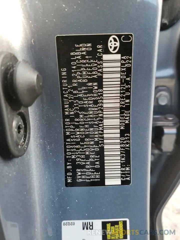 13 Photograph of a damaged car 5YFEPMAE7NP299518 TOYOTA COROLLA 2022