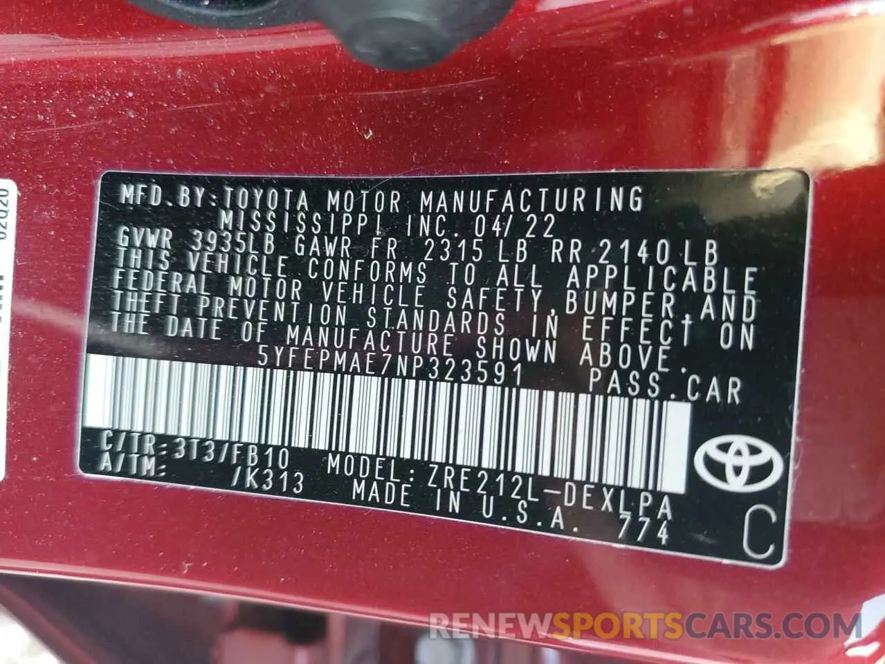 12 Photograph of a damaged car 5YFEPMAE7NP323591 TOYOTA COROLLA 2022