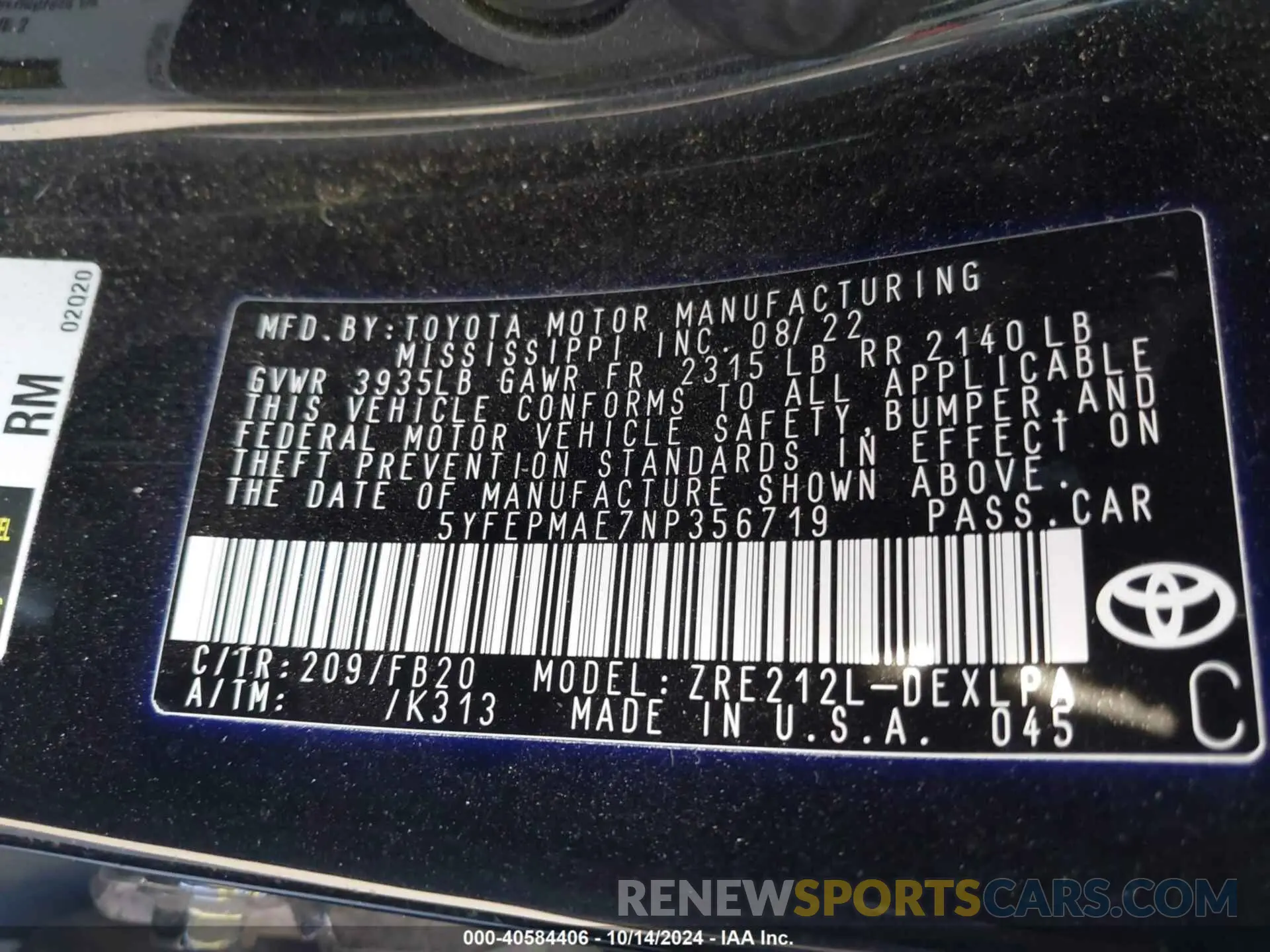9 Photograph of a damaged car 5YFEPMAE7NP356719 TOYOTA COROLLA 2022