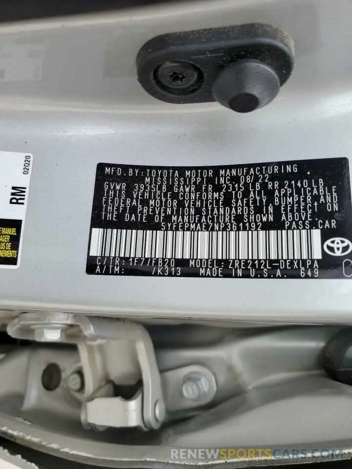 12 Photograph of a damaged car 5YFEPMAE7NP361192 TOYOTA COROLLA 2022