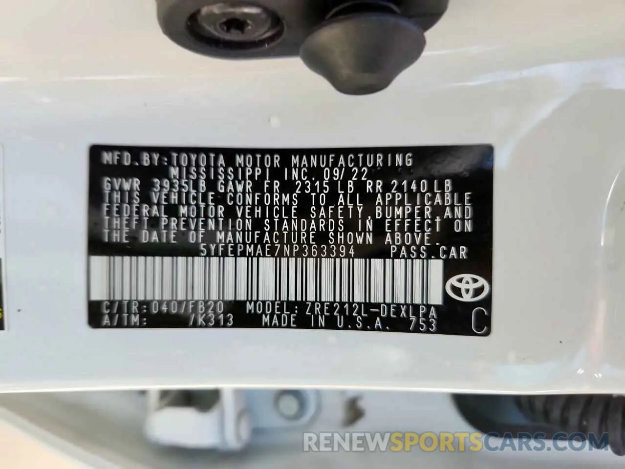 12 Photograph of a damaged car 5YFEPMAE7NP363394 TOYOTA COROLLA 2022