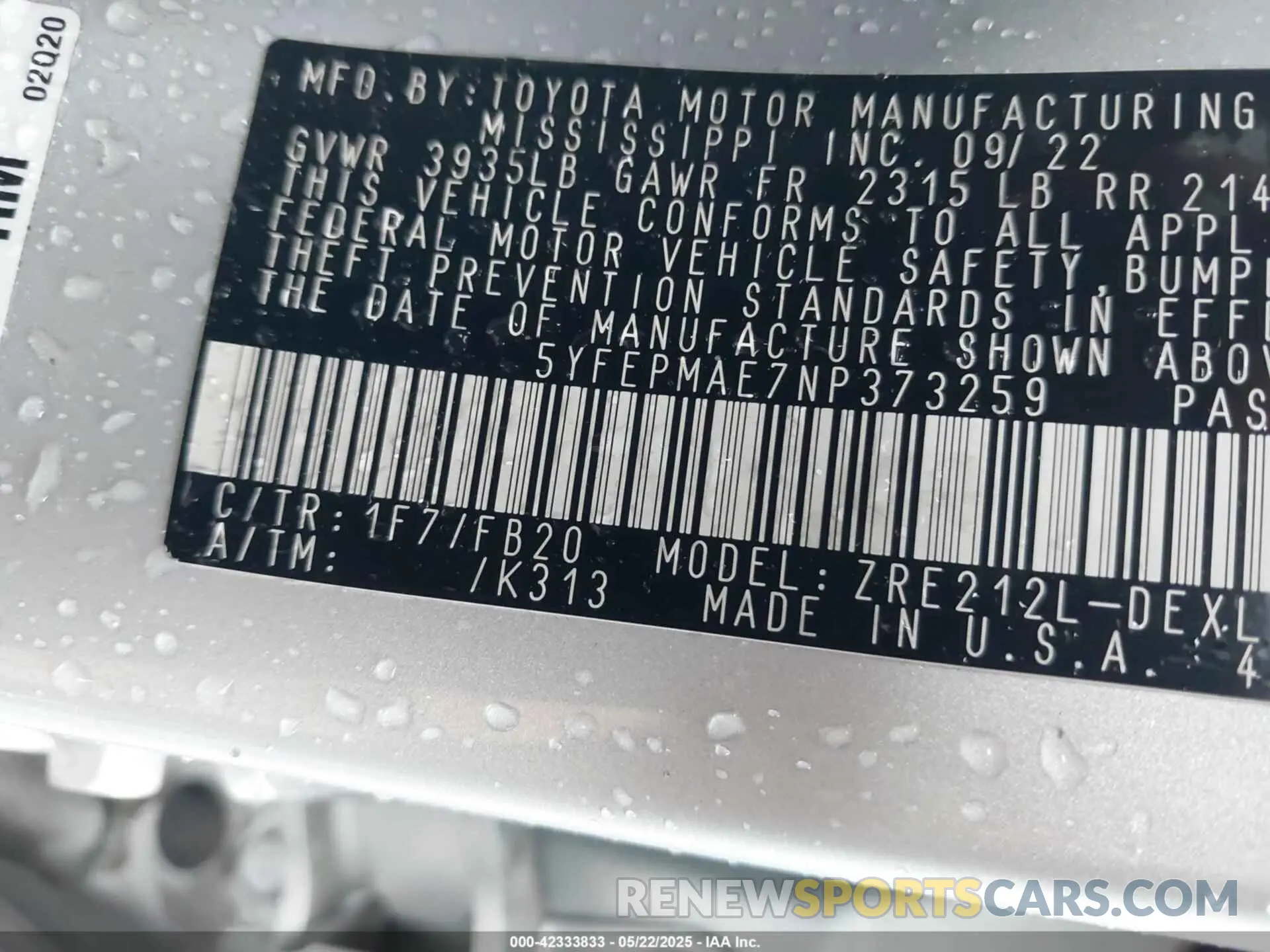 9 Photograph of a damaged car 5YFEPMAE7NP373259 TOYOTA COROLLA 2022