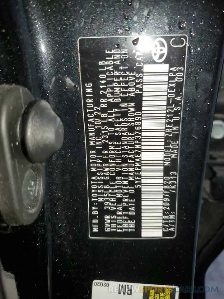 13 Photograph of a damaged car 5YFEPMAE7NP376890 TOYOTA COROLLA 2022
