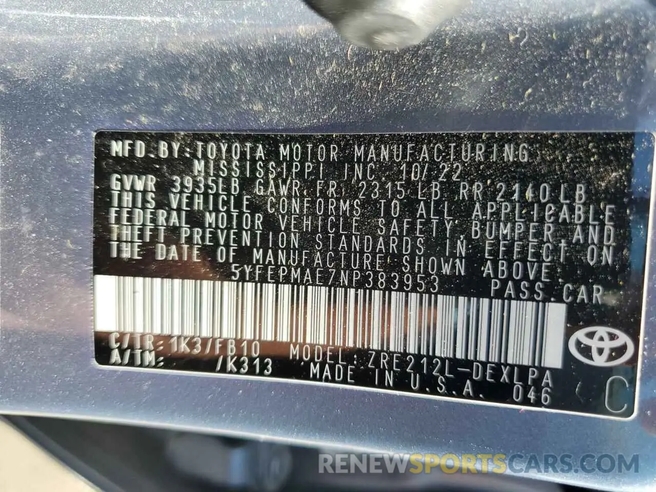 12 Photograph of a damaged car 5YFEPMAE7NP383953 TOYOTA COROLLA 2022
