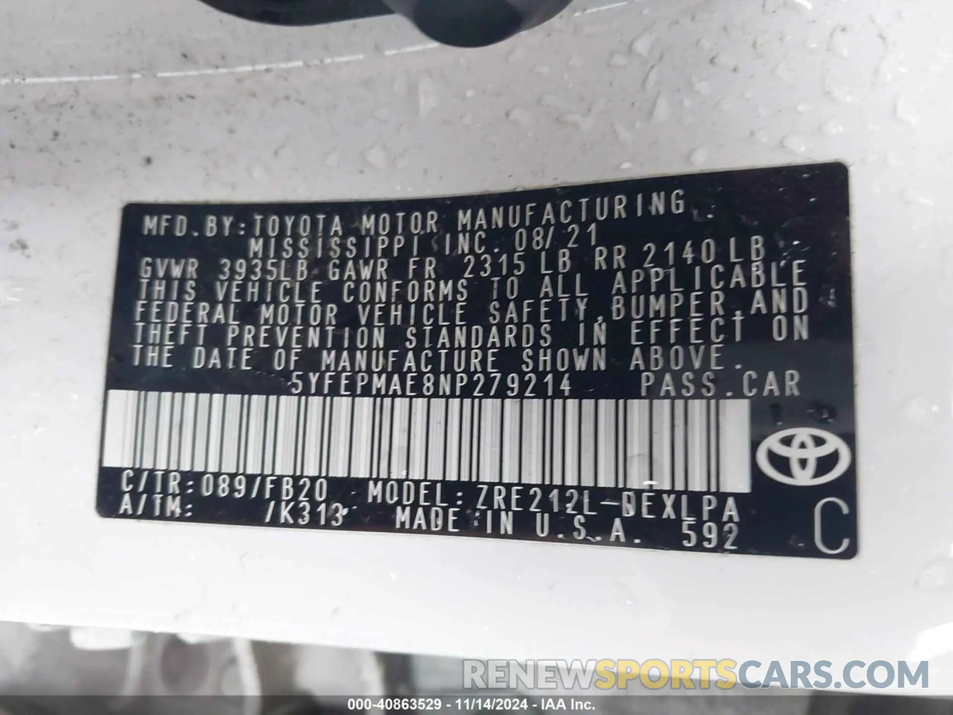 9 Photograph of a damaged car 5YFEPMAE8NP279214 TOYOTA COROLLA 2022
