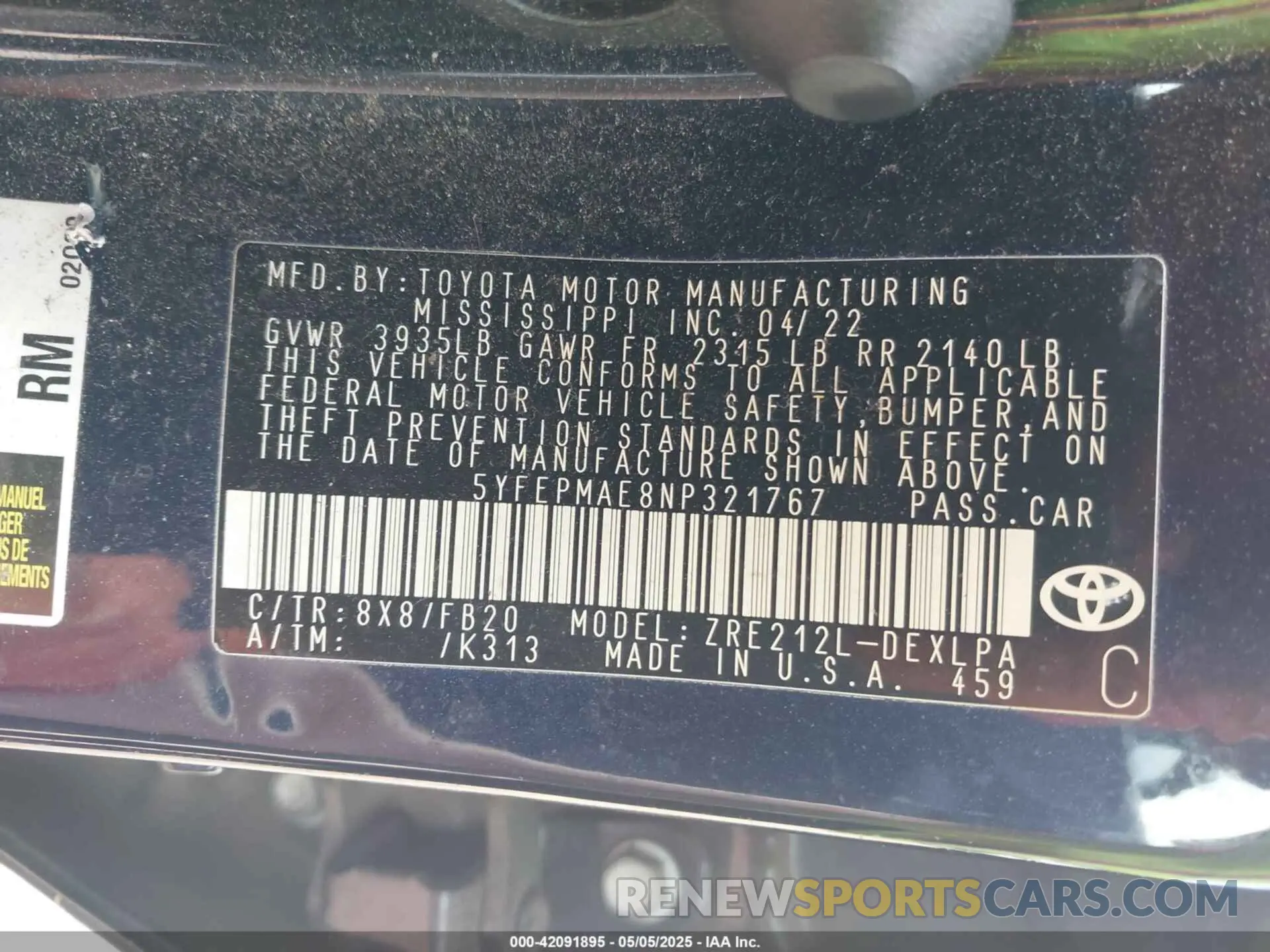9 Photograph of a damaged car 5YFEPMAE8NP321767 TOYOTA COROLLA 2022