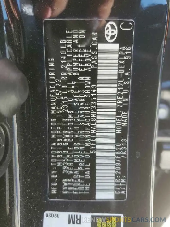 12 Photograph of a damaged car 5YFEPMAE8NP335149 TOYOTA COROLLA 2022