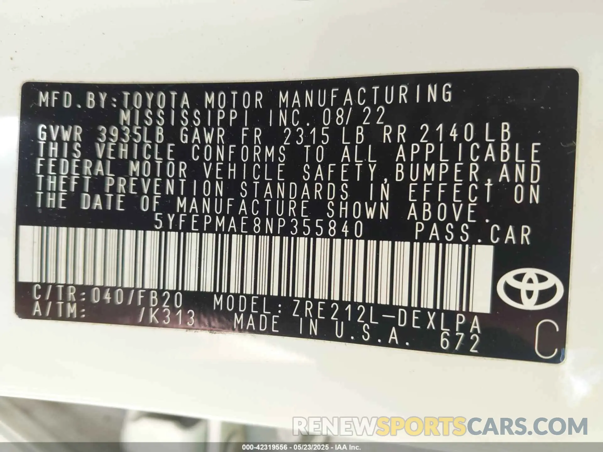 9 Photograph of a damaged car 5YFEPMAE8NP355840 TOYOTA COROLLA 2022