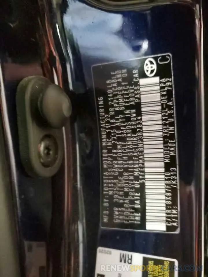 12 Photograph of a damaged car 5YFEPMAE8NP387834 TOYOTA COROLLA 2022