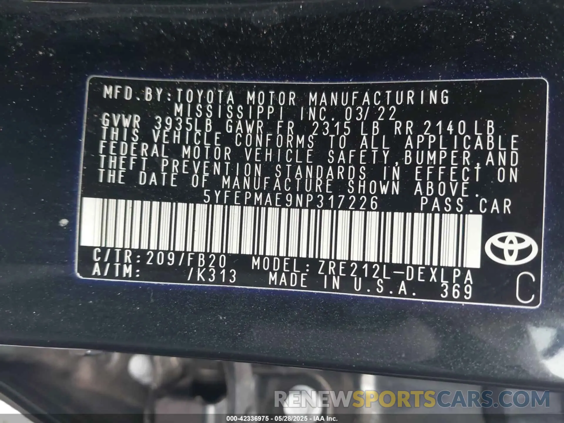 9 Photograph of a damaged car 5YFEPMAE9NP317226 TOYOTA COROLLA 2022