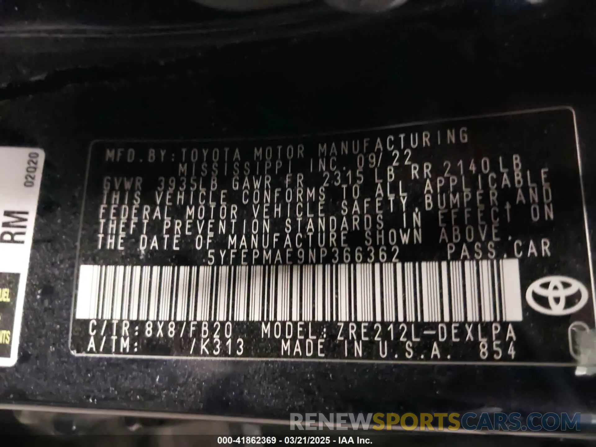 9 Photograph of a damaged car 5YFEPMAE9NP366362 TOYOTA COROLLA 2022