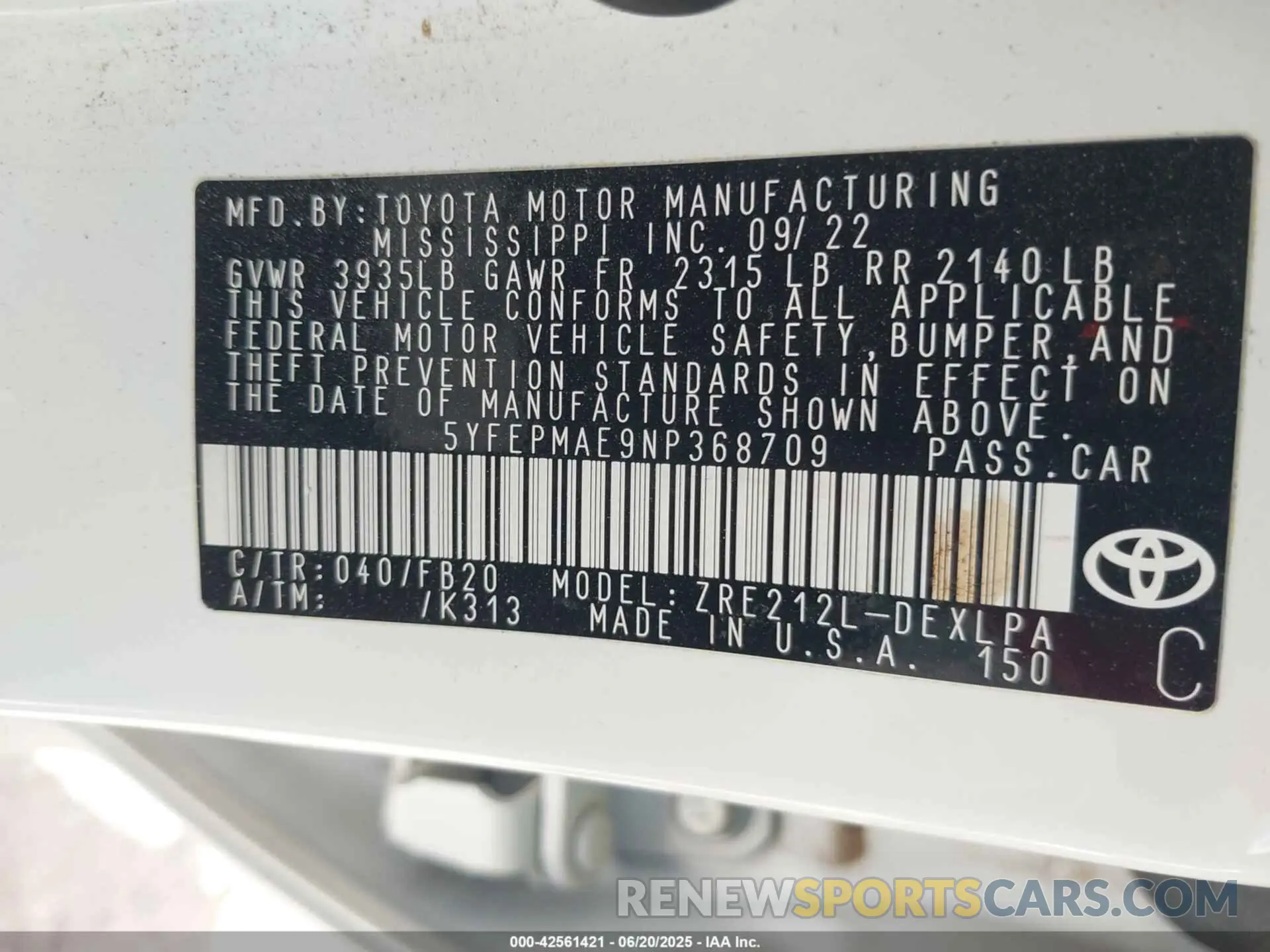 9 Photograph of a damaged car 5YFEPMAE9NP368709 TOYOTA COROLLA 2022