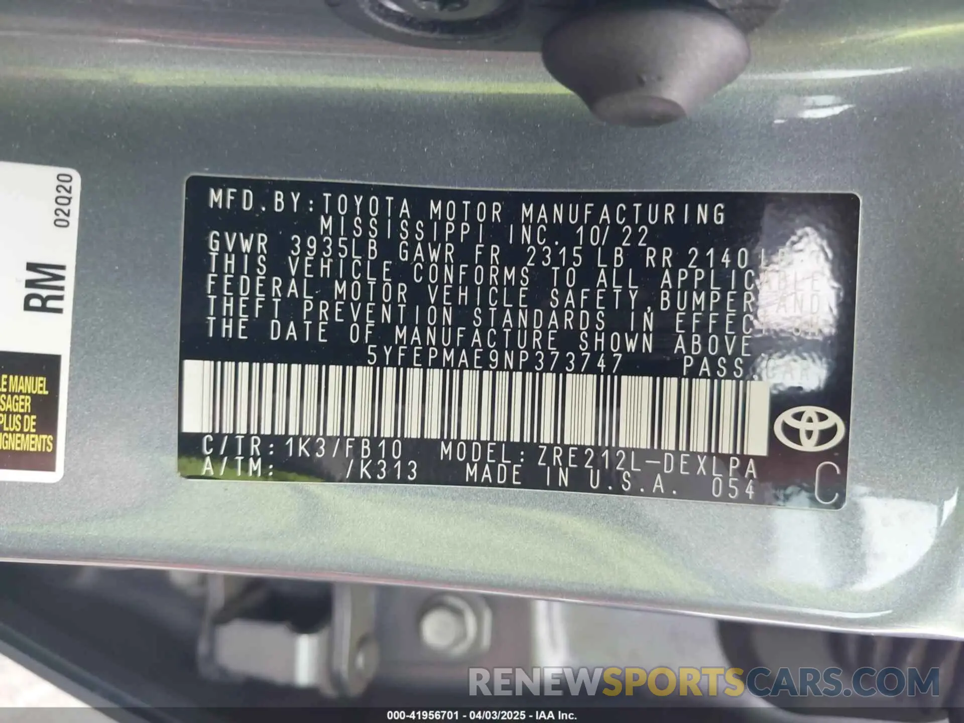 9 Photograph of a damaged car 5YFEPMAE9NP373747 TOYOTA COROLLA 2022
