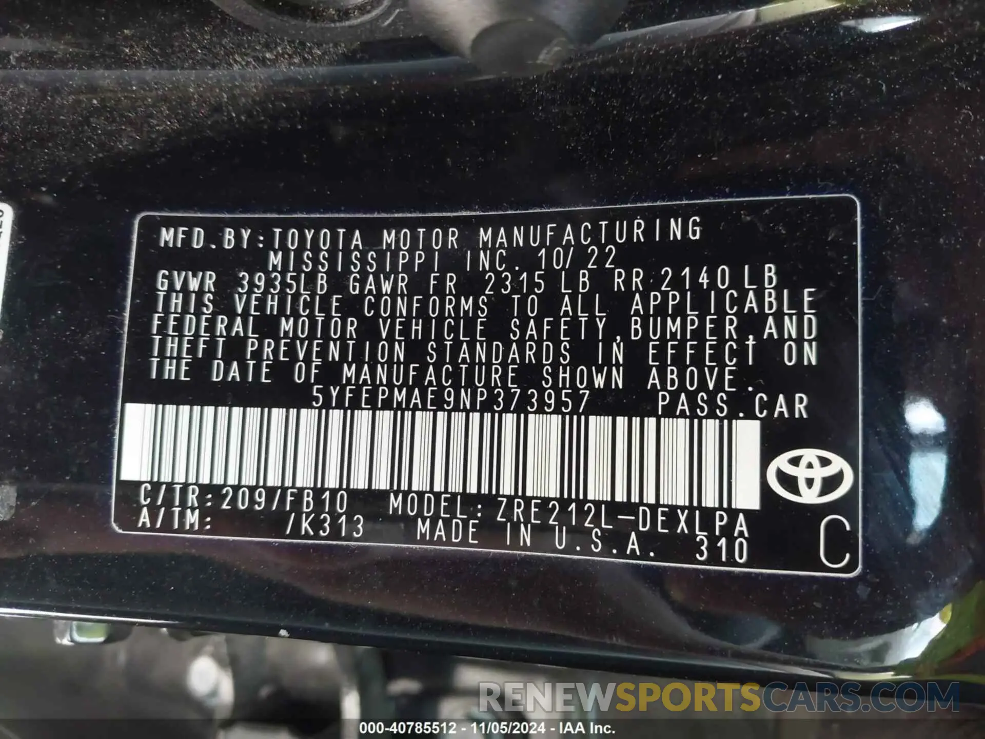 9 Photograph of a damaged car 5YFEPMAE9NP373957 TOYOTA COROLLA 2022