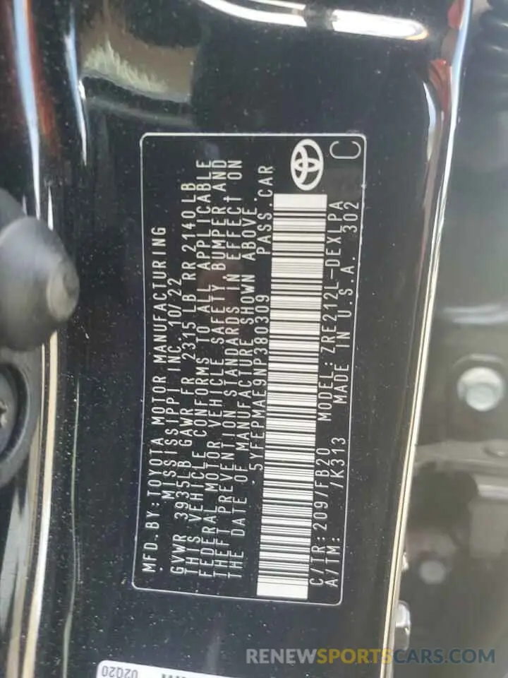 12 Photograph of a damaged car 5YFEPMAE9NP380309 TOYOTA COROLLA 2022