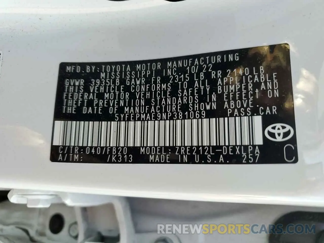 12 Photograph of a damaged car 5YFEPMAE9NP381069 TOYOTA COROLLA 2022