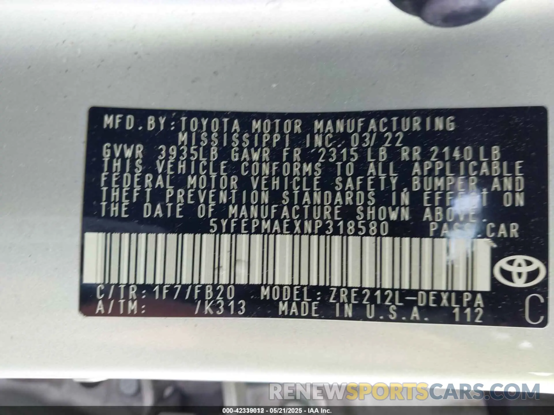 9 Photograph of a damaged car 5YFEPMAEXNP318580 TOYOTA COROLLA 2022