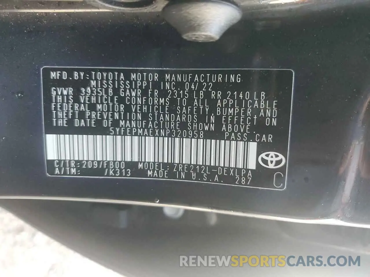 13 Photograph of a damaged car 5YFEPMAEXNP320958 TOYOTA COROLLA 2022