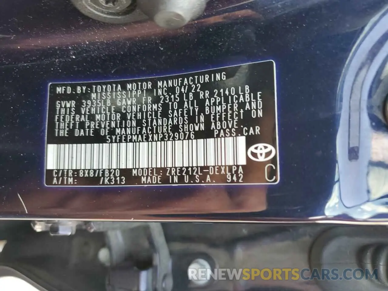 12 Photograph of a damaged car 5YFEPMAEXNP329076 TOYOTA COROLLA 2022