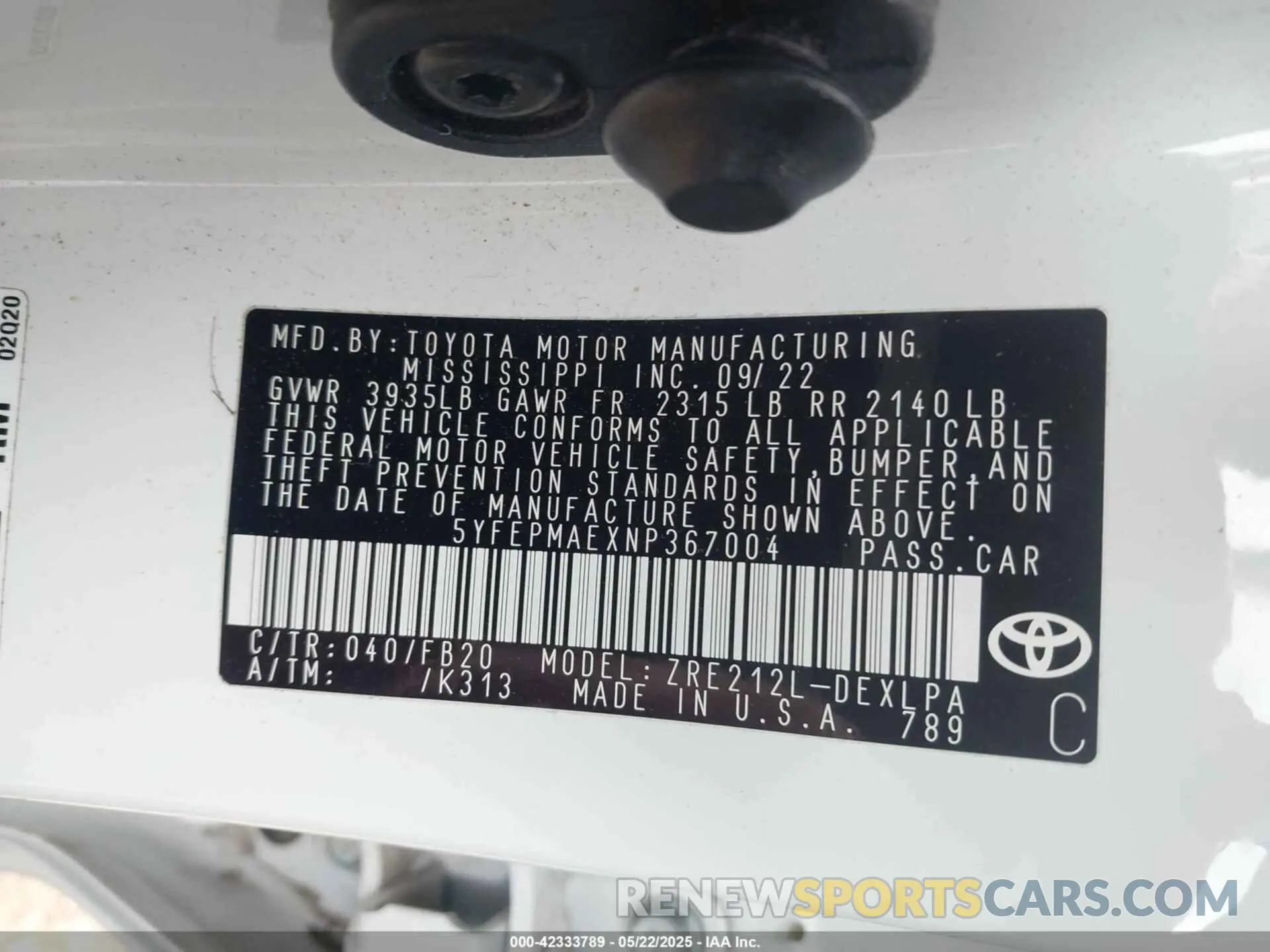 9 Photograph of a damaged car 5YFEPMAEXNP367004 TOYOTA COROLLA 2022