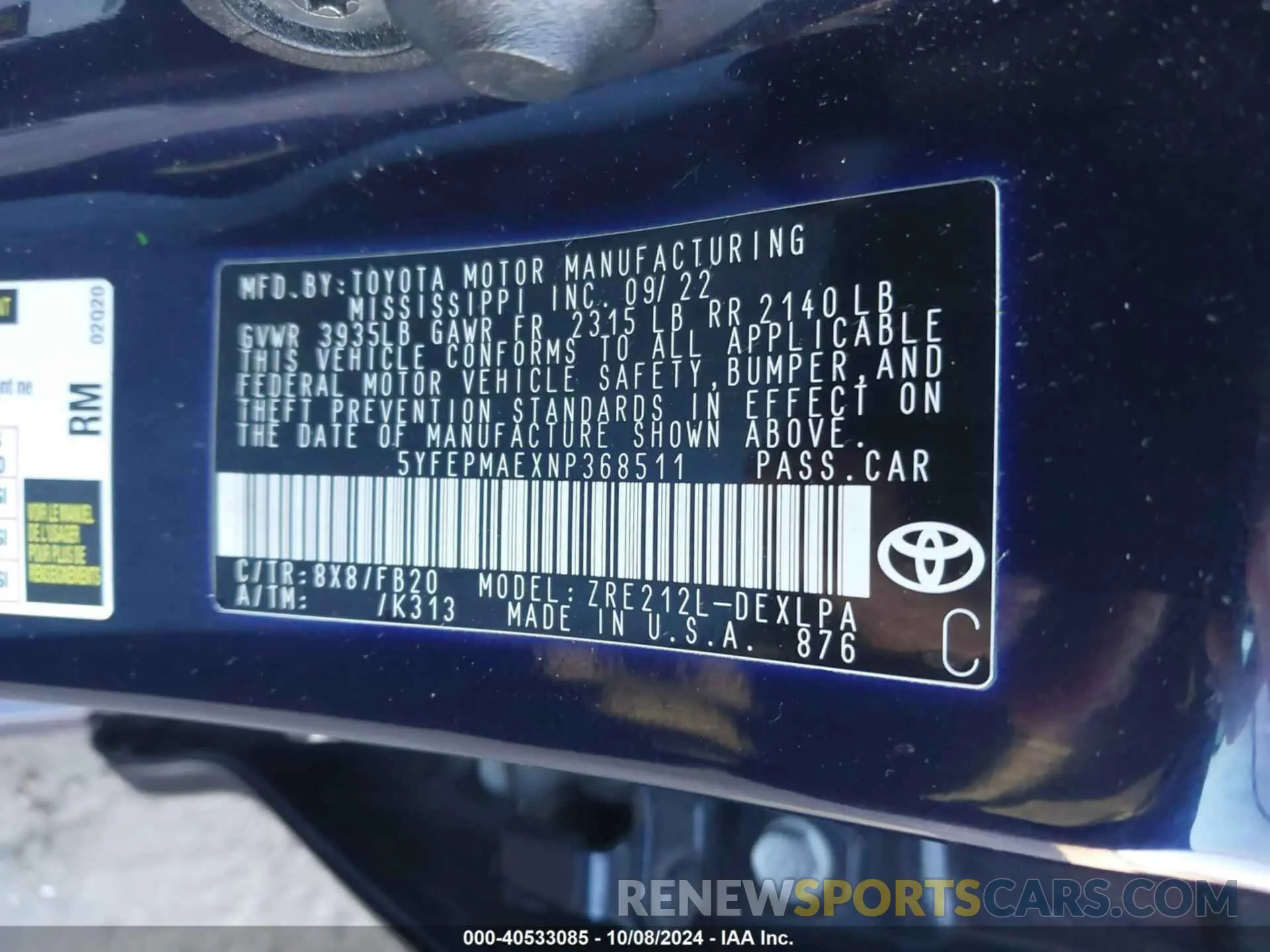 9 Photograph of a damaged car 5YFEPMAEXNP368511 TOYOTA COROLLA 2022