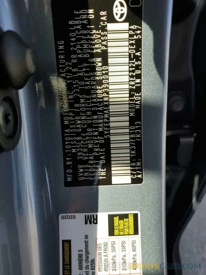 13 Photograph of a damaged car 5YFEPMAEXNP390010 TOYOTA COROLLA 2022
