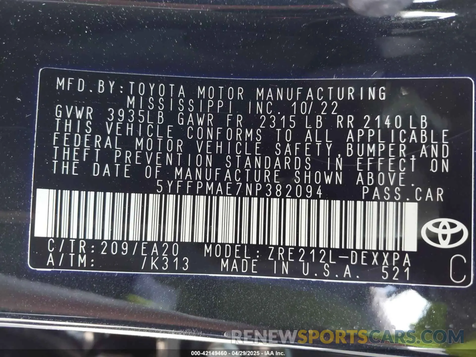 9 Photograph of a damaged car 5YFFPMAE7NP382094 TOYOTA COROLLA 2022