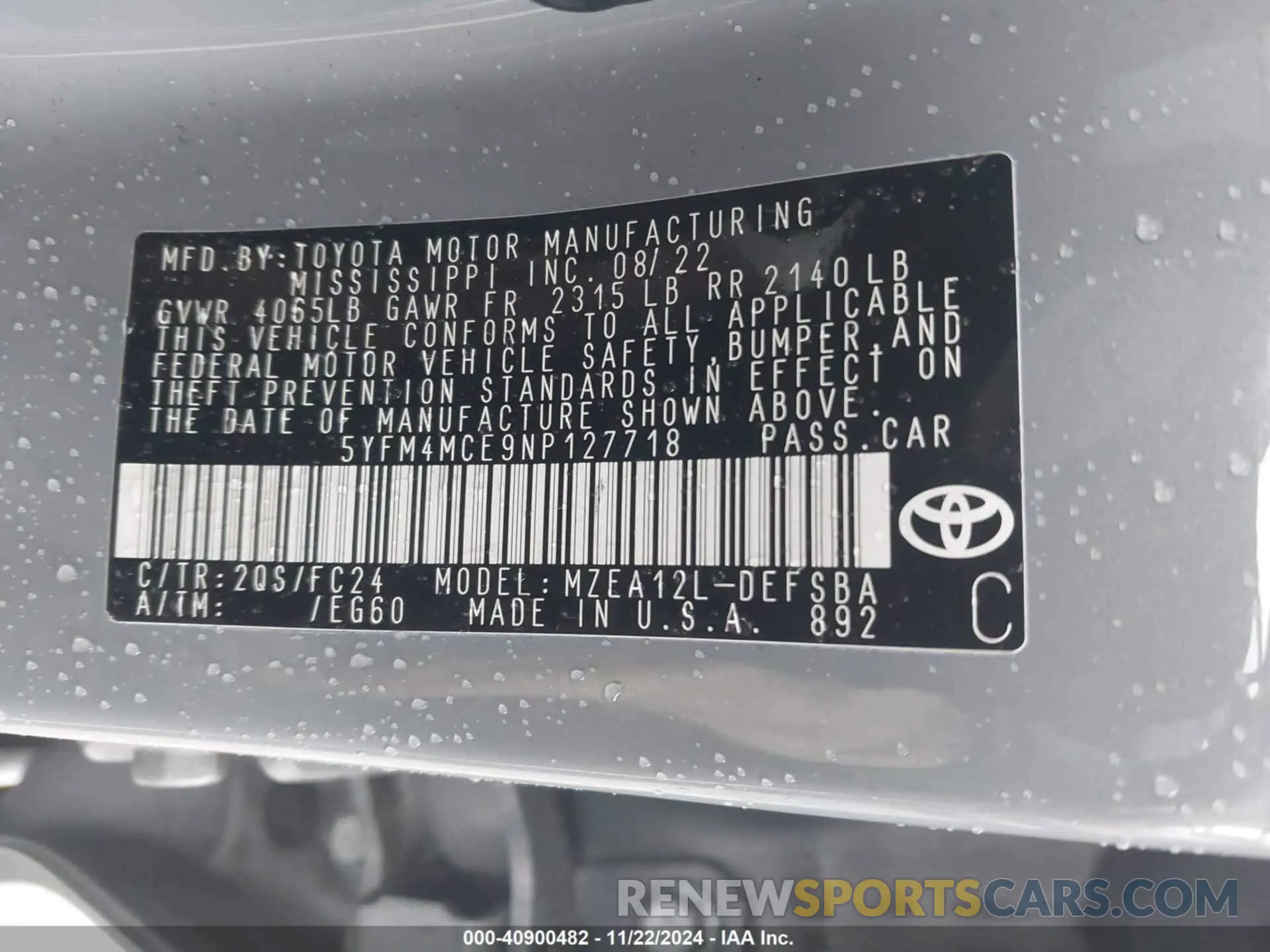 9 Photograph of a damaged car 5YFM4MCE9NP127718 TOYOTA COROLLA 2022