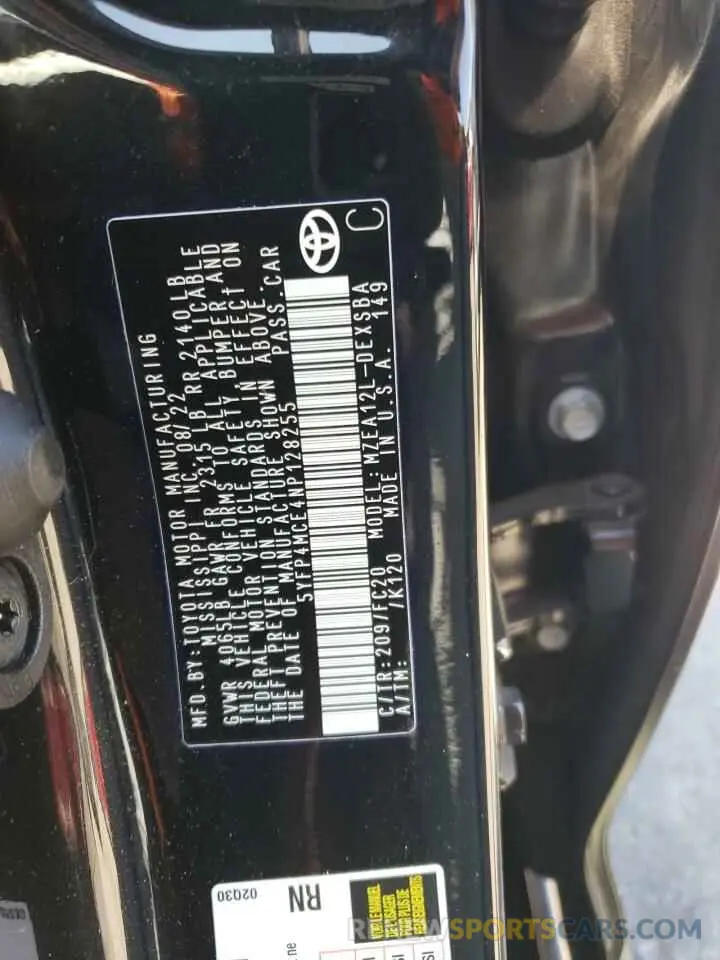 12 Photograph of a damaged car 5YFP4MCE4NP128255 TOYOTA COROLLA 2022