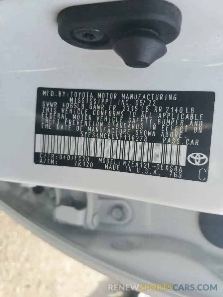 13 Photograph of a damaged car 5YFS4MCE0NP118378 TOYOTA COROLLA 2022